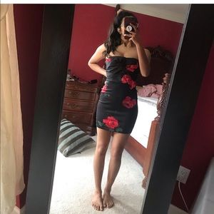 Black mini dress with rose pattern